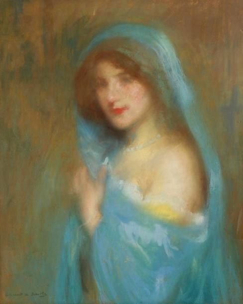 Lucien - Victor GUIRAND de SCEVOLA (1871 - 1950) Jeune femme au voile bleu. Past&hellip;